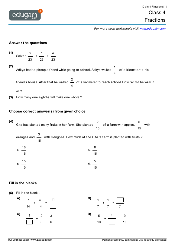 Grade 4 Fractions Math Practice Questions Tests Worksheets Quizzes Assignments