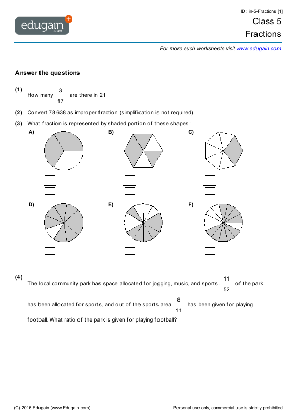 grade 5 fractions math practice questions tests worksheets