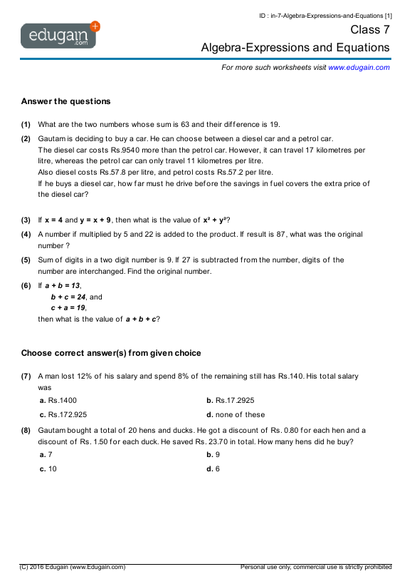 Grade 7 Algebra Expressions And Equations Math Practice Questions 