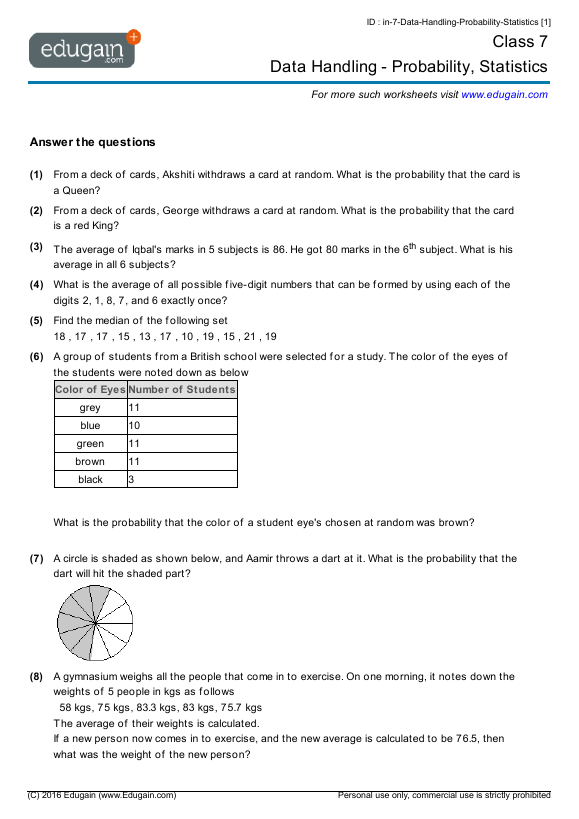 Statistics Probability Worksheets With Answers